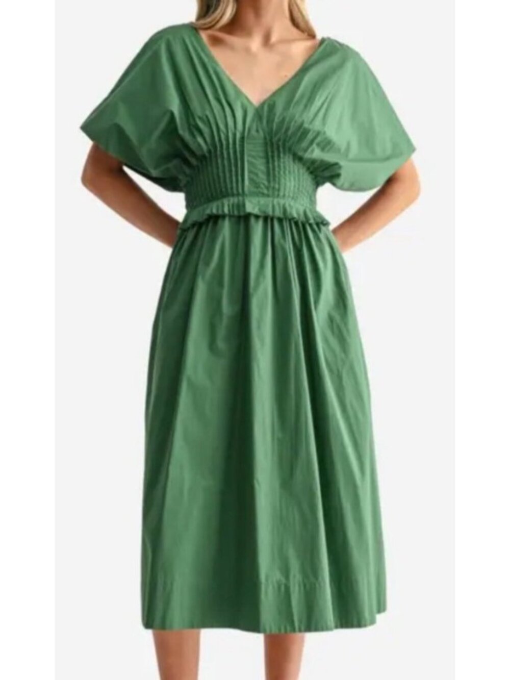 Mila Mae Women's Sz Small Moss Green Midi Dress With Smocked Waist & Pockets